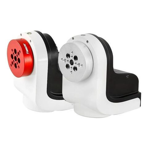 Rock Solid Metal Telescope Mount Bracket With Sturdy Saddle Clamp, red and silver components in side view.
