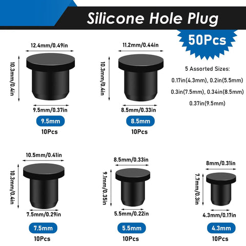 16 Size Assorted Solid Rubber Stopper Plus Flexible Silicone Hole Plug Kit For Bath And Kitchen Drain Sealing Plugs Waterproof Grommet Set With Durable Sealants. 5 silicone plugs, 4.3mm to 9.5mm sizes