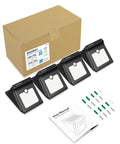 Box with four Solar Outdoor Motion Sensor Lights 120 Degree Wide Illumination IP65 Waterproof Wireless Security Lighting and accessories