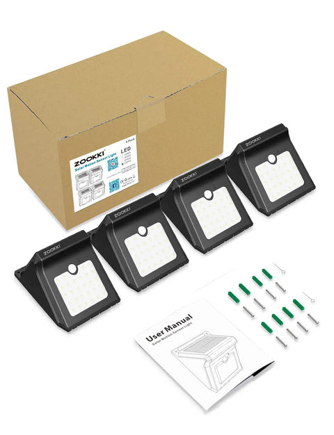 Box with four Solar Outdoor Motion Sensor Lights 120 Degree Wide Illumination IP65 Waterproof Wireless Security Lighting and accessories