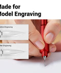 Top Shelf 9 Piece Model Scribing Tool Kit Featuring Heavy Duty Tungsten Carbide Blades And Slick Guide Tape For Serious Builders engraving demonstration with red tool.