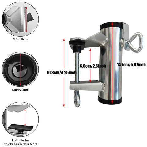 Heavy Duty Umbrella Clamp Holder For Patios And Beach Tents Adjustable Outdoor Shade Mount, dimensions and components display.