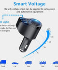 All In One USB C Car Charger With 168W Power, LED light, dual voltage input, icons for car types, smart voltage graph
