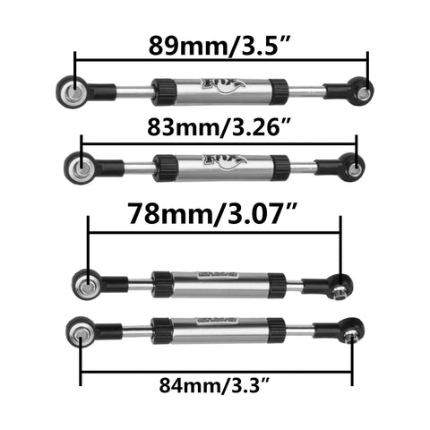 Two Pack Metal Adjustable Length Servo Linkage Rod For Traxxas TRX4 Axial SCX10 D90 Gen8 And Other One Tenth Scale RC Crawlers Durable Alloy Aluminum Steering Linkage with center measurements of 89mm, 83mm, 78mm, and 84mm shown.