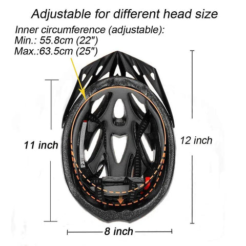 Inner view of One-Piece Adjustable Adult Bike Helmet For Men And Women, Ultra Lightweight 200g with size measurements