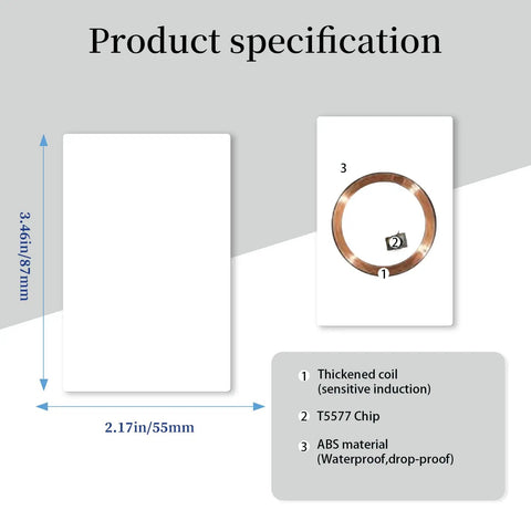 Product specification of 10 Pack Writable 125kHz T5577 RFID Cards Blank White Proximity Badges For Easy Access Control, size details shown