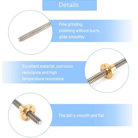 Close-up of Two Pack T8 Lead Screws 150mm Long 8mm Diameter Stainless Steel Threaded Rod With Copper Nut Trapezoidal Thread For 3D Printer Stepper Motor Precision Motion, showing details of material and finishing.