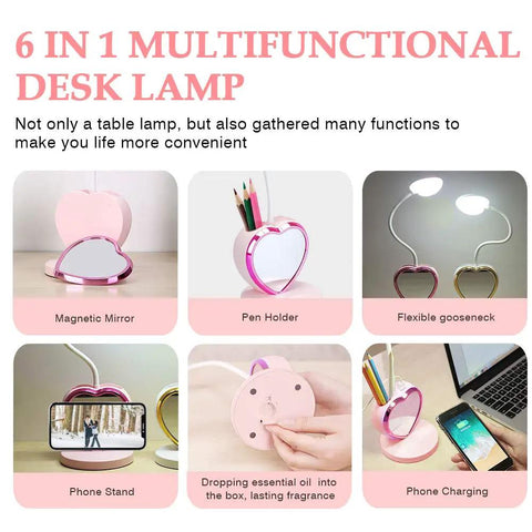 6-in-1 multifunctional desk lamp with magnetic mirror, pen holder, flexible gooseneck, phone stand, and charging features