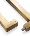 Beefy Heavy Duty Commercial Grade 18 Inch Satin Gold Push Pull Door Handle In Solid Stainless Steel 304 1.2mm Thick 30x30mm Square Cross Section Chamfered Edges 450mm Grip 420mm Bolt Spacing Durable Modern Finish, satin gold handle pair close-up