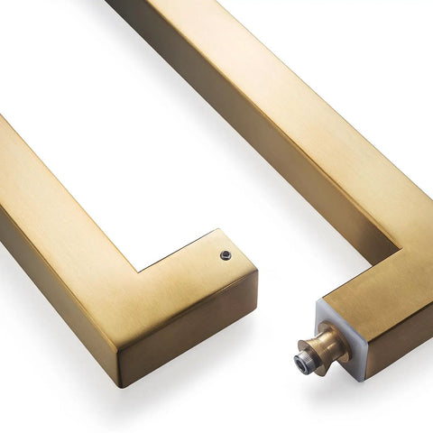 Beefy Heavy Duty Commercial Grade 18 Inch Satin Gold Push Pull Door Handle In Solid Stainless Steel 304 1.2mm Thick 30x30mm Square Cross Section Chamfered Edges 450mm Grip 420mm Bolt Spacing Durable Modern Finish, satin gold handle pair close-up