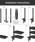 Installation steps for Three Tier Metal Clamp On Desk Shelf With 360 Degree Rotatable Mount showing clamp and shelf assembly.
