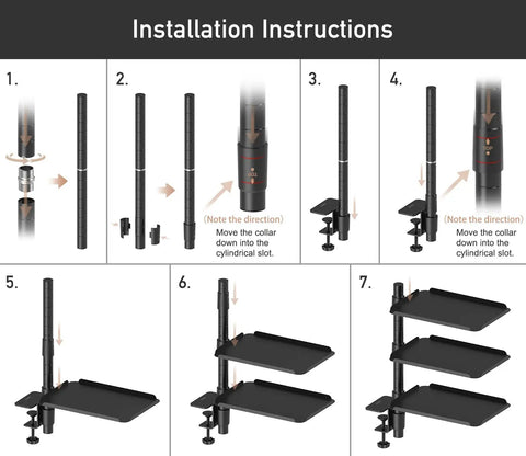 Installation steps for Three Tier Metal Clamp On Desk Shelf With 360 Degree Rotatable Mount showing clamp and shelf assembly.