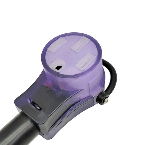 Close-up of Beefy 50A RV Shore Power Extension Cord Adapter NEMA 14-50P to SS2-50R Straight Plug, copper conductors, 36 ft.