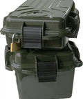Pair of forest green backpack sized dry boxes with O-ring seal, triple latch, padlock tab, and built-in compass and signaling mirror