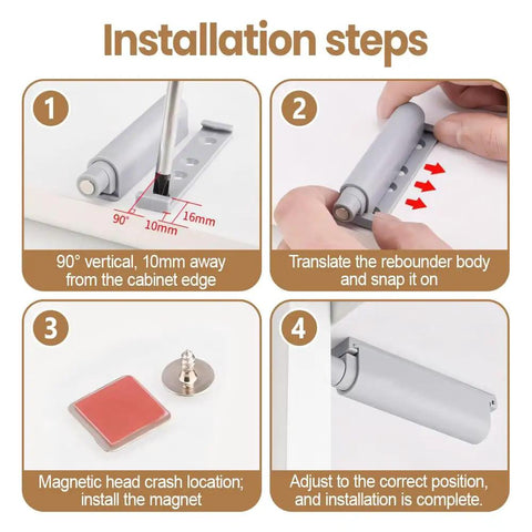 Installation steps for Magnetic Push Latches Cabinet Door Catch System 10 Pack For Cupboard Closet And Kitchen Furniture Soft Close Quiet Magnetic Buffer