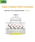 Clear front view of RJ45 Crimp Connectors 8P8C UTP Ethernet Plug For CAT5E CAT5 CAT6 Solid Or Stranded Cable Gold Plated 50 Pack Gigabit Ready Pro Grade Network Cable End Connectors, showing gold pins.