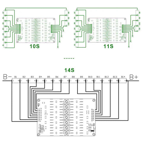 Schematic diagram of High Output 5A Active Battery Equalizer Balance Board for 10S to 14S series cells.