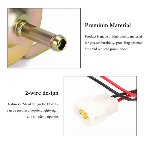 Low Pressure Inline Electric Fuel Pump 12V 3-6 PSI With Built In Check Valve, premium material and 2-wire design shown