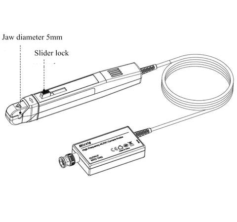 High Frequency AC DC Current Probe For Scope Testing With 50Mhz Bandwidth And Quick Swap 5A Or 30A Ranges, showing 5mm jaw size.