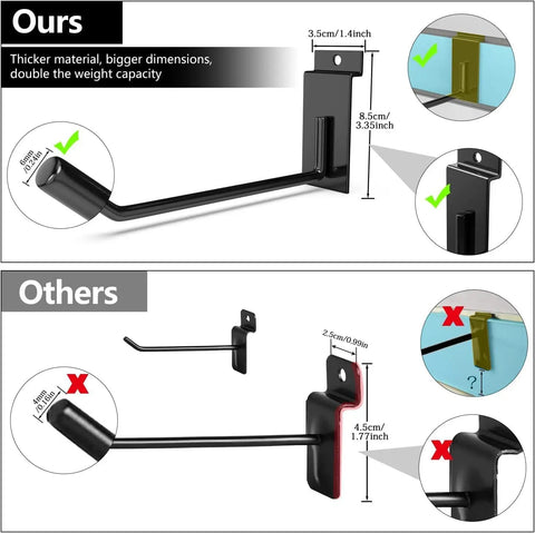 Comparison of slatwall hooks showing thicker and larger dimensions against smaller hooks for garage and shop use.