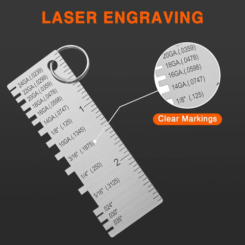 ZeeDix portable metal sheet thickness gauge, stainless steel, laser-engraved markings and key ring