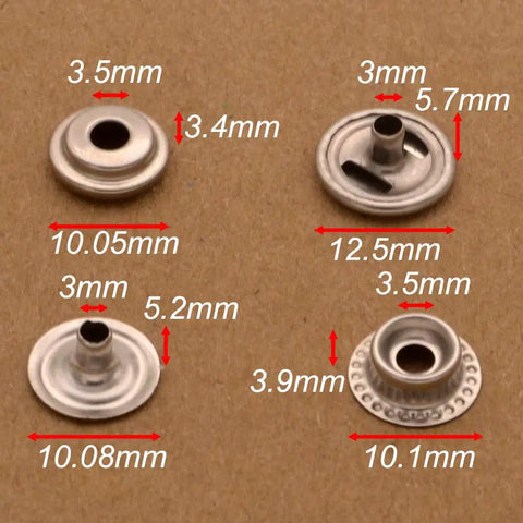 Detailed view of Stainless Steel Snap Fastener Kit Twelve Point Five Millimeter Sixty Sets For Coats Bags Leather Marine Boat Canvas Silver Finish No Tools Needed Easy Install Heavy Duty For DIY Projects And Quick Secure Closures On Leather Canvas Marine Gear showing individual components with measurements