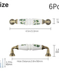Fresh Vintage Ceramic Door Knobs And Tight Antique Bronze Drawer Pulls For Kitchen And Dresser Grab Handle With Green Flower Print Design, Size 4.5in, 6 Pcs