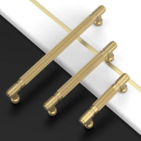 Three sizes of 10 Pack 3 Inch Knurled Champagne Bronze Cabinet Pulls Handles For Cupboard And Drawer Doors, rust proof hardware on black and white surfaces.