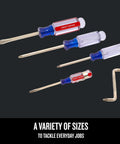 Acetate Screwdriver Set 5 Piece With Alloy Steel Blades And Satin Nickel Finish, visible screwdrivers in assorted sizes.