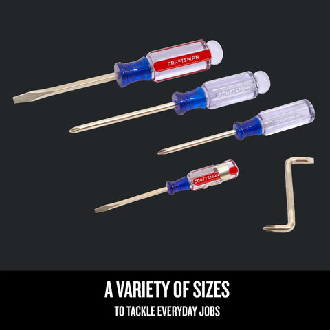 Acetate Screwdriver Set 5 Piece With Alloy Steel Blades And Satin Nickel Finish, visible screwdrivers in assorted sizes.