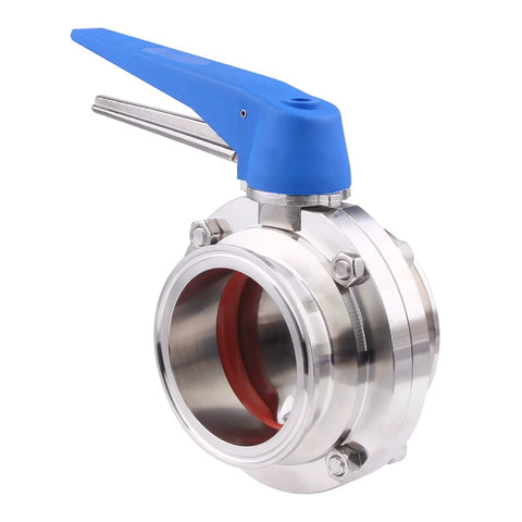 Butterfly valve with blue trigger handle, 3-inch tri-clamp, stainless steel 304 (front view)