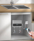 Electric Tankless Water Heater 110v With Digital Display For Instant Hot Water On Demand featuring app control under kitchen sink.