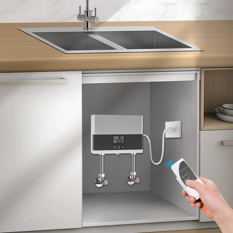 Electric Tankless Water Heater 110v With Digital Display For Instant Hot Water On Demand featuring app control under kitchen sink.