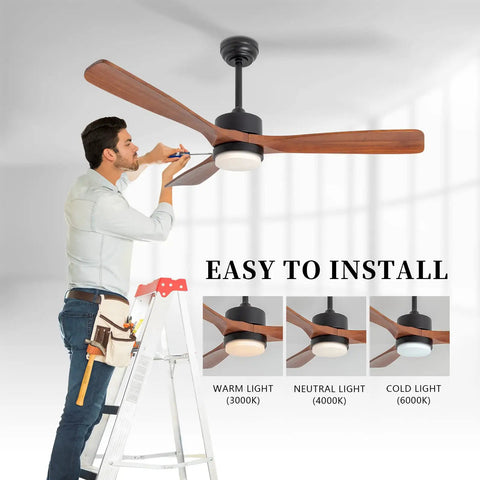 Person installing a 52 Inch Solid Wood Ceiling Fan With Lights And Remote, Low Profile Farmhouse Style, dimmable LED options shown.