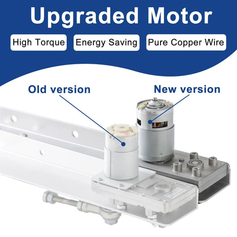 Front view of JQDML 24V reciprocating linear actuator with upgraded motor; shows old vs new version.
