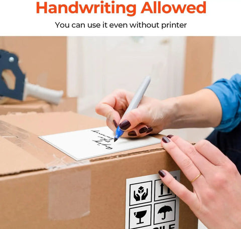 Person writing on 4x6 Thermal Direct Shipping Labels Pack Of 500 Fanfold Commercial Grade For Easy Shipping And Fulfillment Compatible With FedEx UPS USPS Shopify Etsy Amazon eBay Poshmark Mercari And More.