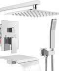 All In One Rain Shower Faucet System With 12 Inch Rainfall Shower Head Handheld Sprayer Waterfall Tub Spout Wall Mounted Mixer Rough In Valve And Trim Included Polished Chrome Finish Durable Stainless Steel Construction No Fuss Upgrade.