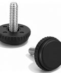Straighten Out Any Wobbly Setup With This Heavy Duty 150 Piece Adjustable Furniture Leveler Set featuring black plastic base and threaded metal screw.