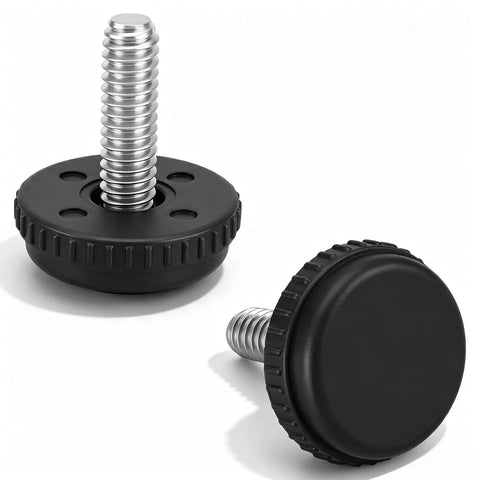 Straighten Out Any Wobbly Setup With This Heavy Duty 150 Piece Adjustable Furniture Leveler Set featuring black plastic base and threaded metal screw.