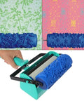 Pro Level Decorative Wall Paint Roller Brush With Ergonomic Rubber Grip used on textured wall patterns in blue and green.