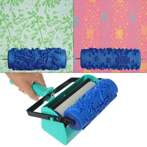 Sturdy Wall Decorative Paint Roller With Easy Slide Grip Handle For Quick Home Makeovers And Blazing Fast Coverage, 7-inch, blue design, in use.