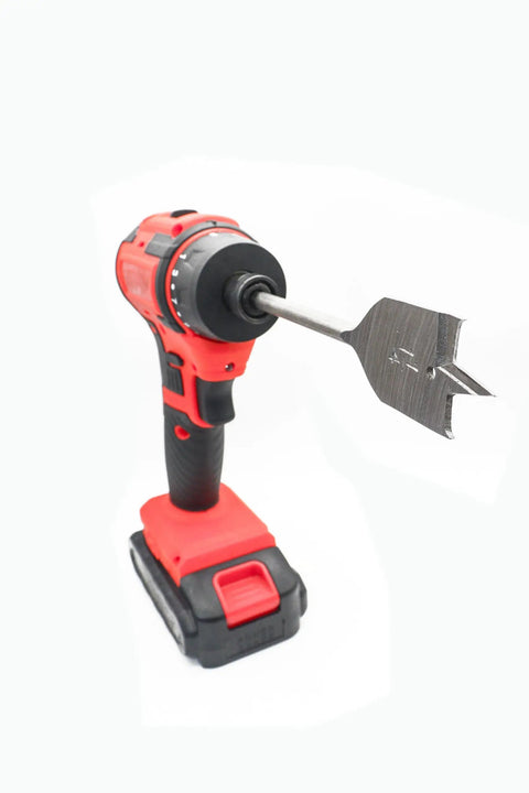 13 Piece Spade Drill Bit Set One Quarter To One And One Half Inch With Quick Change Hex Shank For Woodworking And Plastic Hole Cutter attached to a drill