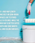 Heavy Duty Microfiber Paint Roller Covers 4 Inch Top Shelf Bulk Pack on a paint bucket beside a hand in a white glove.