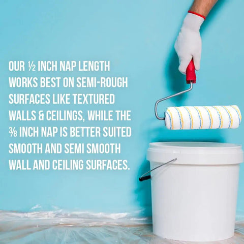 Heavy Duty Microfiber Paint Roller Covers 4 Inch Top Shelf Bulk Pack on a paint bucket beside a hand in a white glove.