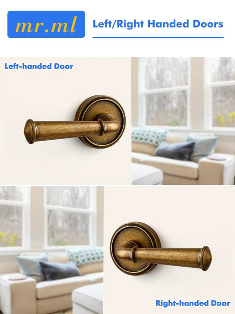 Antique Brass Passage Door Handle Lever For Interior Doors Vintage Aluminum Alloy Door Lever in living room setup, left and right-handed option.