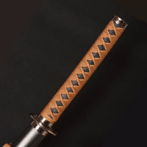 Handle of 40 Inch Metal Cosplay Katana With Reverse Blade From Rurouni Kenshin Himura Anime Sword For Cosplay And Display with brown wrap