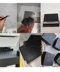 Collage of 4 Pack Black Rubber Sheets Damping Gasket Pads with various thicknesses, 50x50 size, showing measurement and application uses.