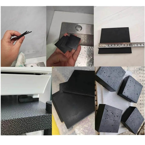 Collage of 4 Pack Black Rubber Sheets Damping Gasket Pads with various thicknesses, 50x50 size, showing measurement and application uses.
