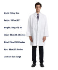 Model wearing Men's Lab Coat Long Sleeve White Laboratory Jacket With Three Pockets Durable 35/65 Cotton Polyester Blend Easy Care Work Ready Doctor Uniform For Lab Work Everyday