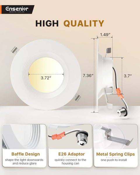 No Sweat 5 And 6 Inch Led Recessed Can Lights featuring smooth adjustable 5Cct, with baffle design and E26 adapter for easy setup.